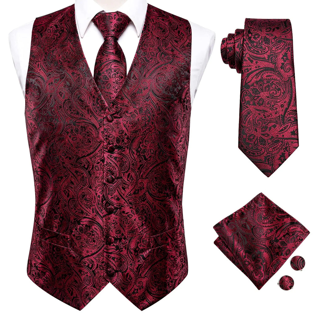 Luxury Mens Vests Black Gold Floral Jacquard Waistcoat Tie Hanky Cufflinks Brooch Set for Men Suit Wedding Office XL