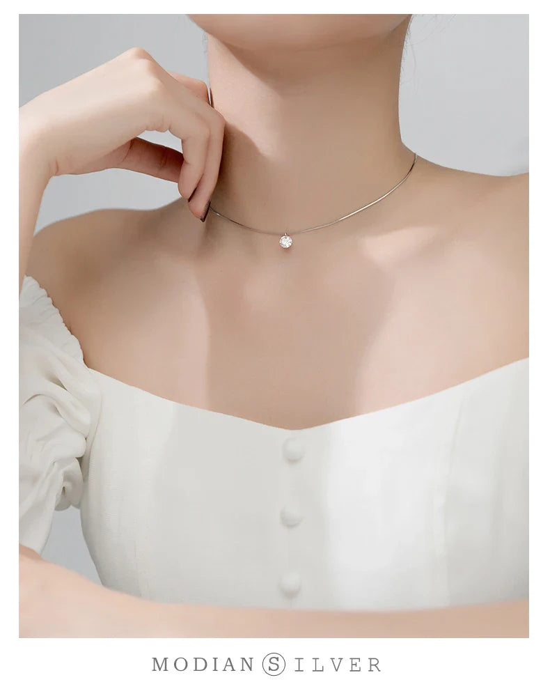Pure 925 Sterling Silver Dazzling AAA Zircon Round Pendant Necklace for Women Fashion Choker Necklace Fine Jewelry