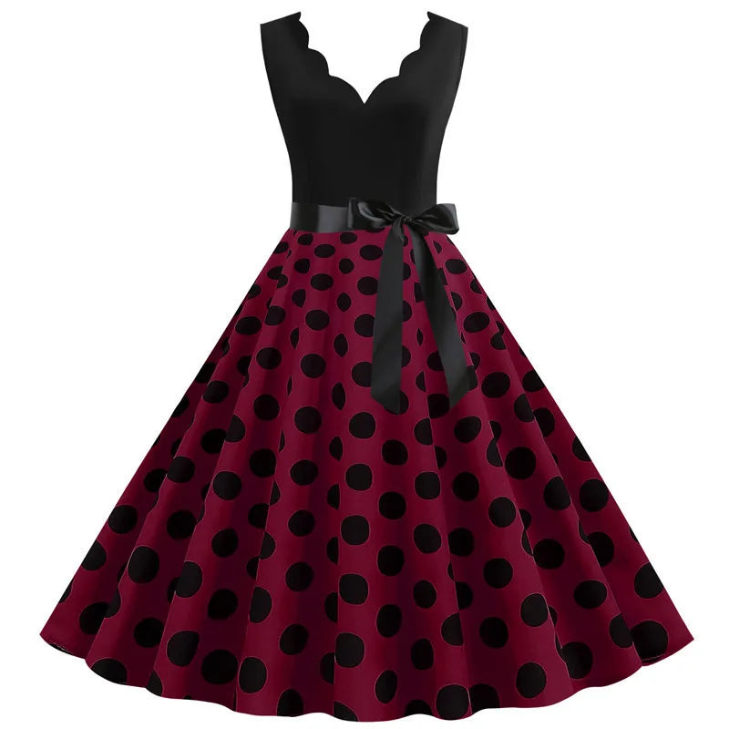 Women Retro Summer Dresses 50s 60s Sleeveless V-neck Polka Dot Bow Ball Grown Party Sundress Robe Vestidos