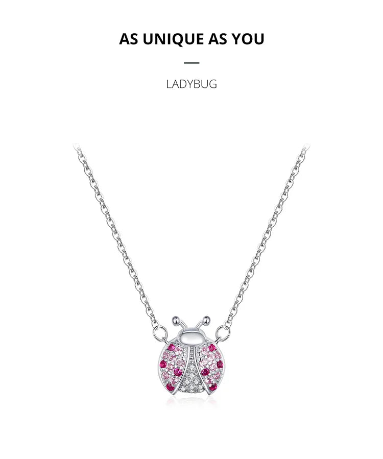 Genuine 925 Sterling Silver Pink CZ Ladybug Insect Chain Pendant Necklace for Women 45cm Kid Gifts Fine Jewelry SCN400