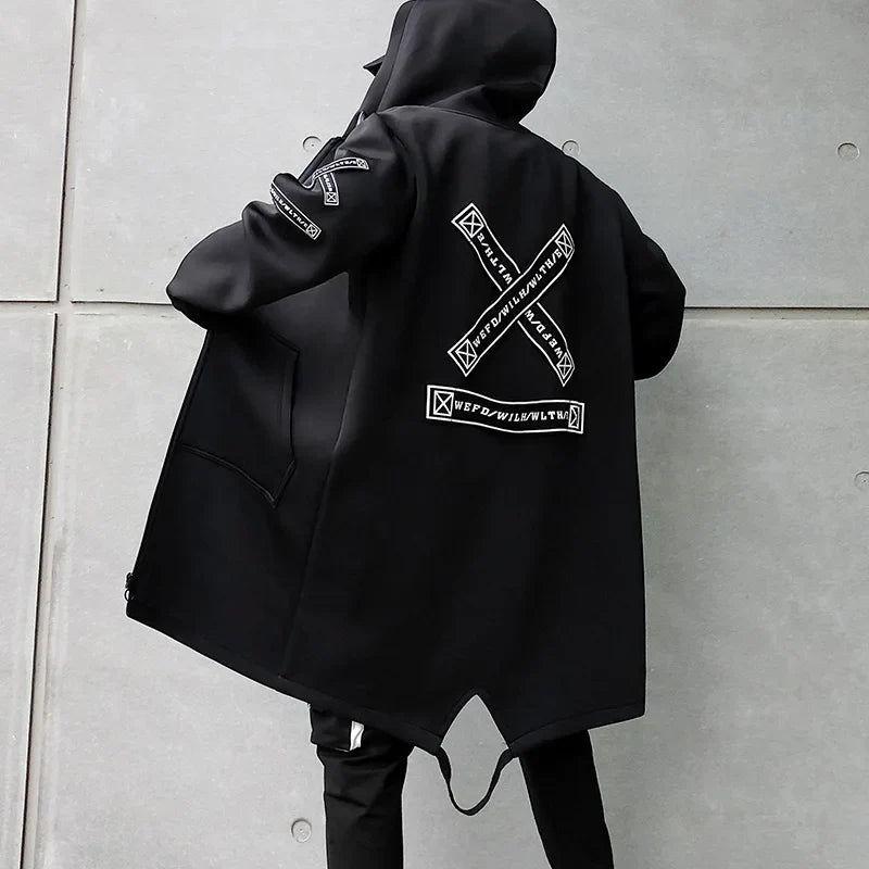 New Men Streetwear Black Jackets And Coats Hip Hop Harajuku Hooded Men's Windbreaker Overcoat Mens Clothing Outwear M-5XL