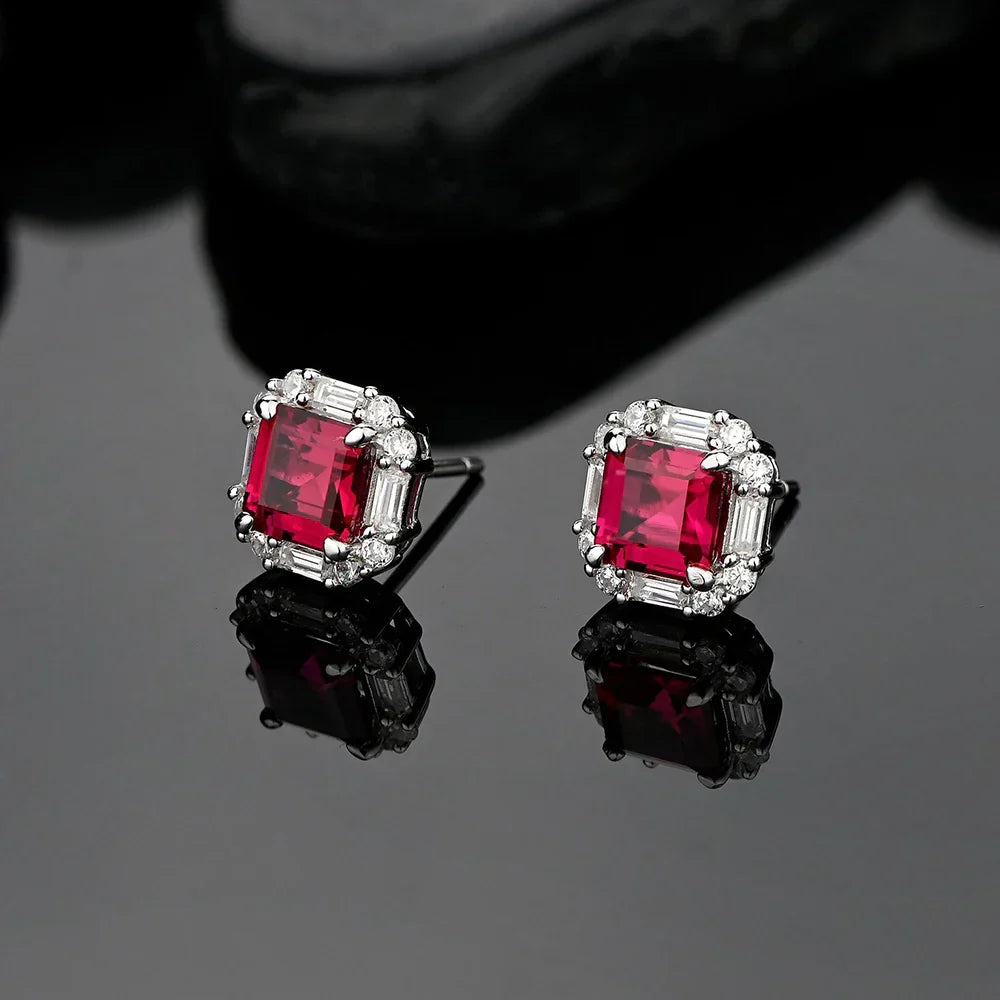 Original Design 6*6mm Asscher High Carbon Diamond Stud Eearrings for Women 2021 Jewelry 925 Sterling Silver Ruby Earrings Gift