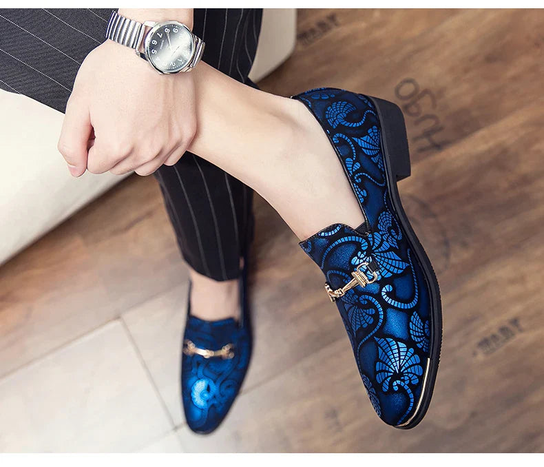 New Men Dress Leather Shoes For Men Luxury British Gold Blue National Pattern Oxfords Classic Gentleman Wedding Prom Shoes