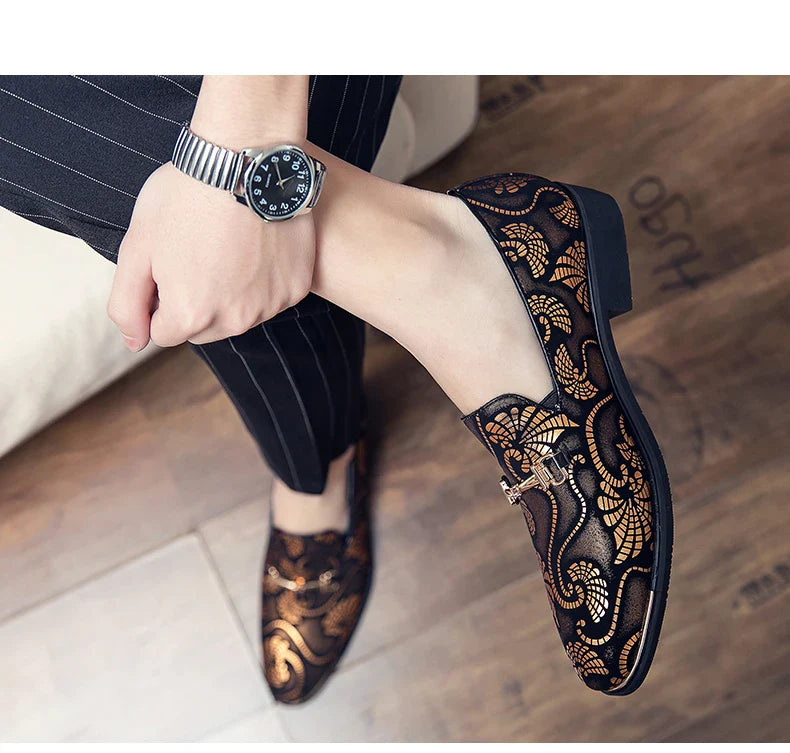 New Men Dress Leather Shoes For Men Luxury British Gold Blue National Pattern Oxfords Classic Gentleman Wedding Prom Shoes