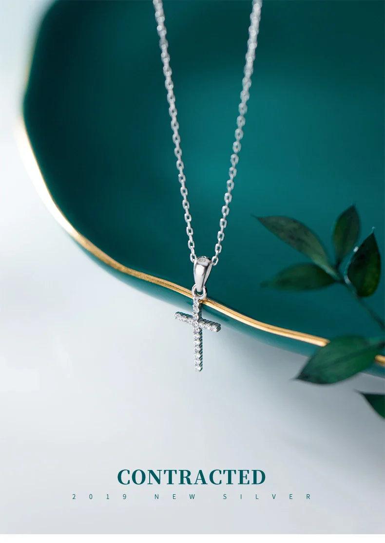 Dazzling Zircon Luxury Cross Pendant Necklace Real 925 Sterling Silver for Women Link Chain Necklace Fashion Jewelry