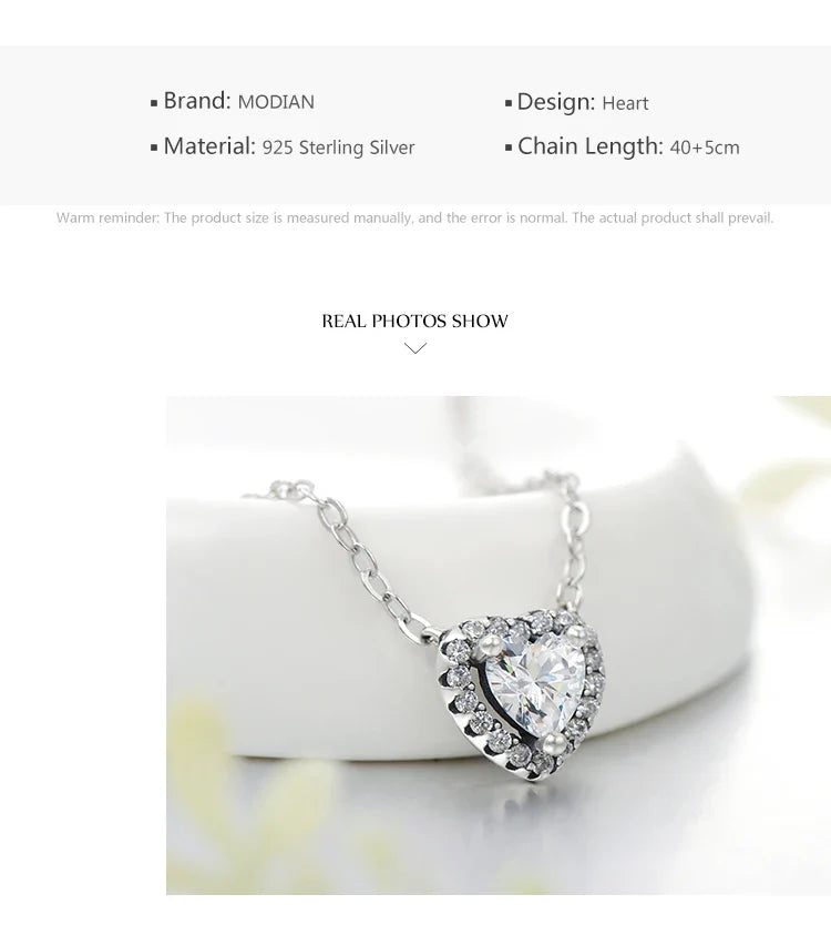 Real 925 Sterling Silver Clear CZ Heart Pendant Necklace for Women Chain Fashion Wedding Statement Jewelry Accessories