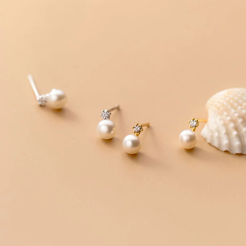 Genuine 925 Sterling Silver Geometric Zircon Pearl Mini Small Stud Earrings for Women Chic Charming Korean Jewelry 2021