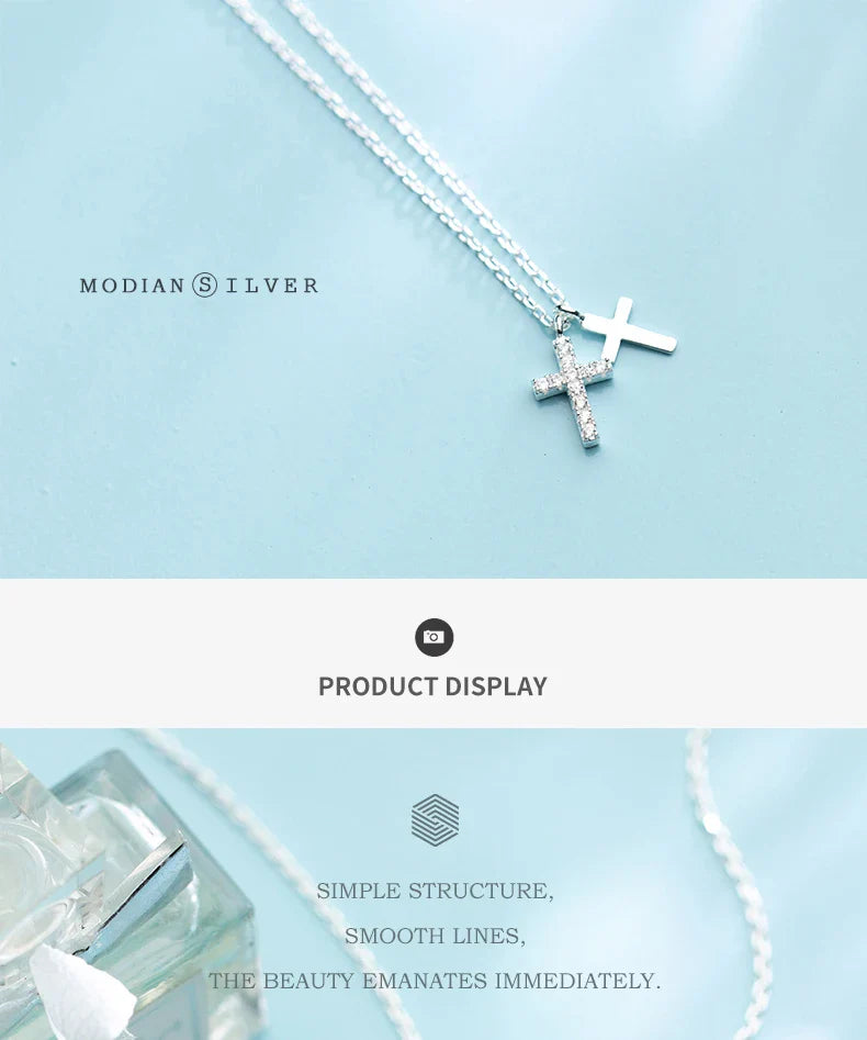 Fashion Shiny Zircon and Glossy Cross Pendant Necklace for Women Pure 925 Sterling Silver Long Chain Necklace Jewelry