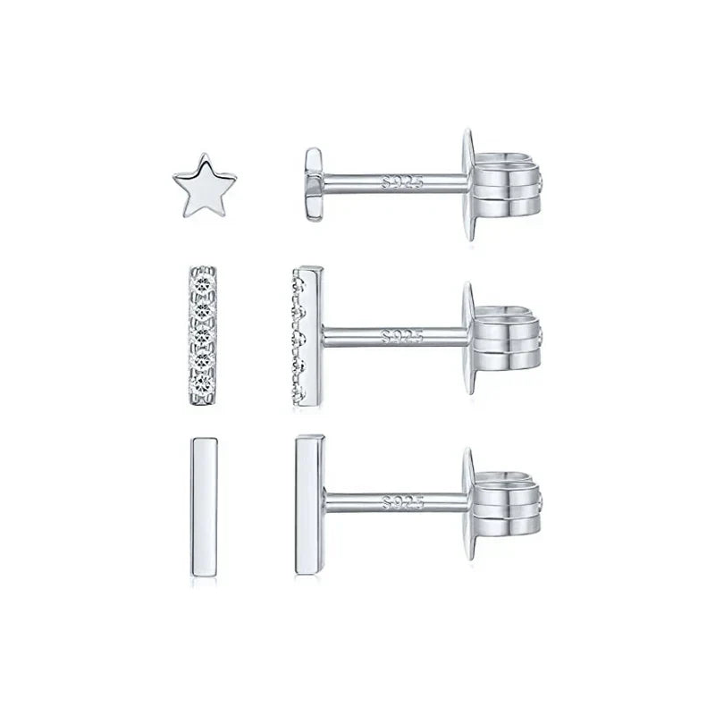3pcs/set Bling Zircon Earring 925 Sterling Silver Cute Mini Heart Star Stud Earrings Ear Bone Earlobe Piercing Jewerly