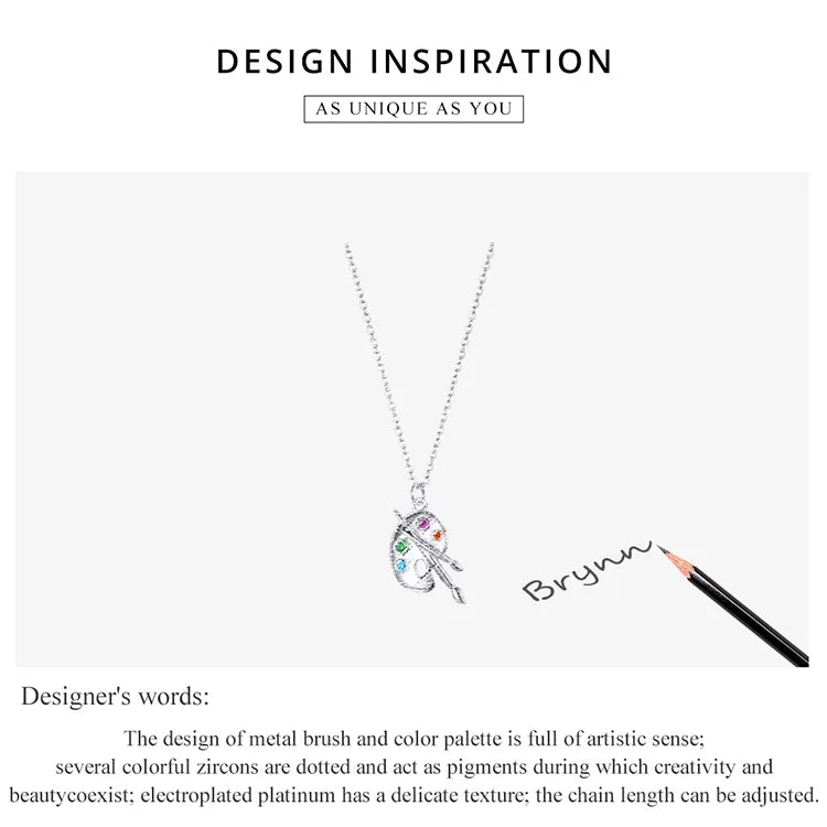 925 Sterling Silver Color Palette Necklace Chain Zircon Crystal Art Brush for Women Fine Statement Jewelry SCN457