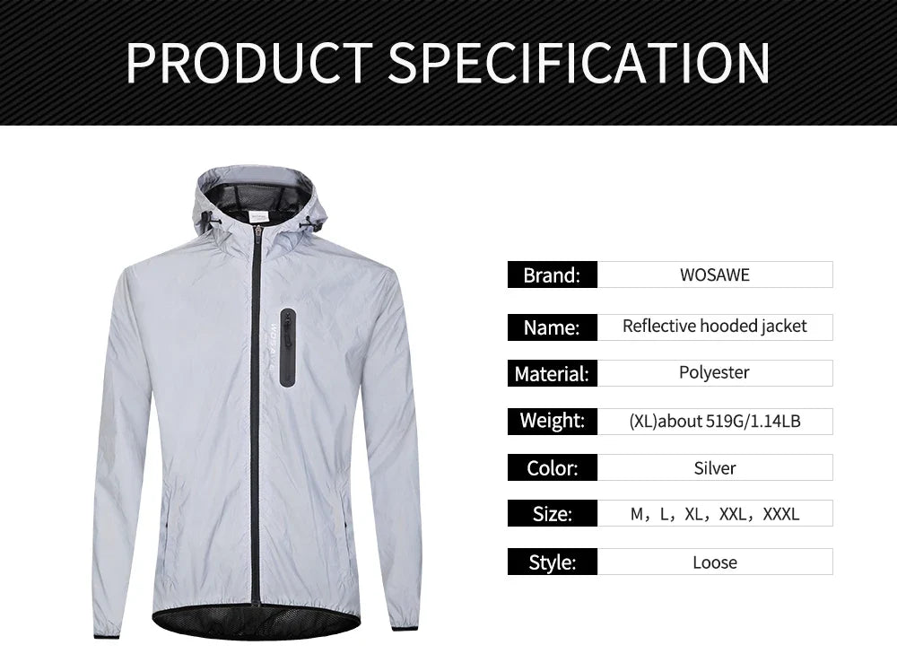 Full Reflective Jacket with Hoodie High Visibility Waterproof Wind Breaker Men Women Hiking Cycling Running Safety Vest