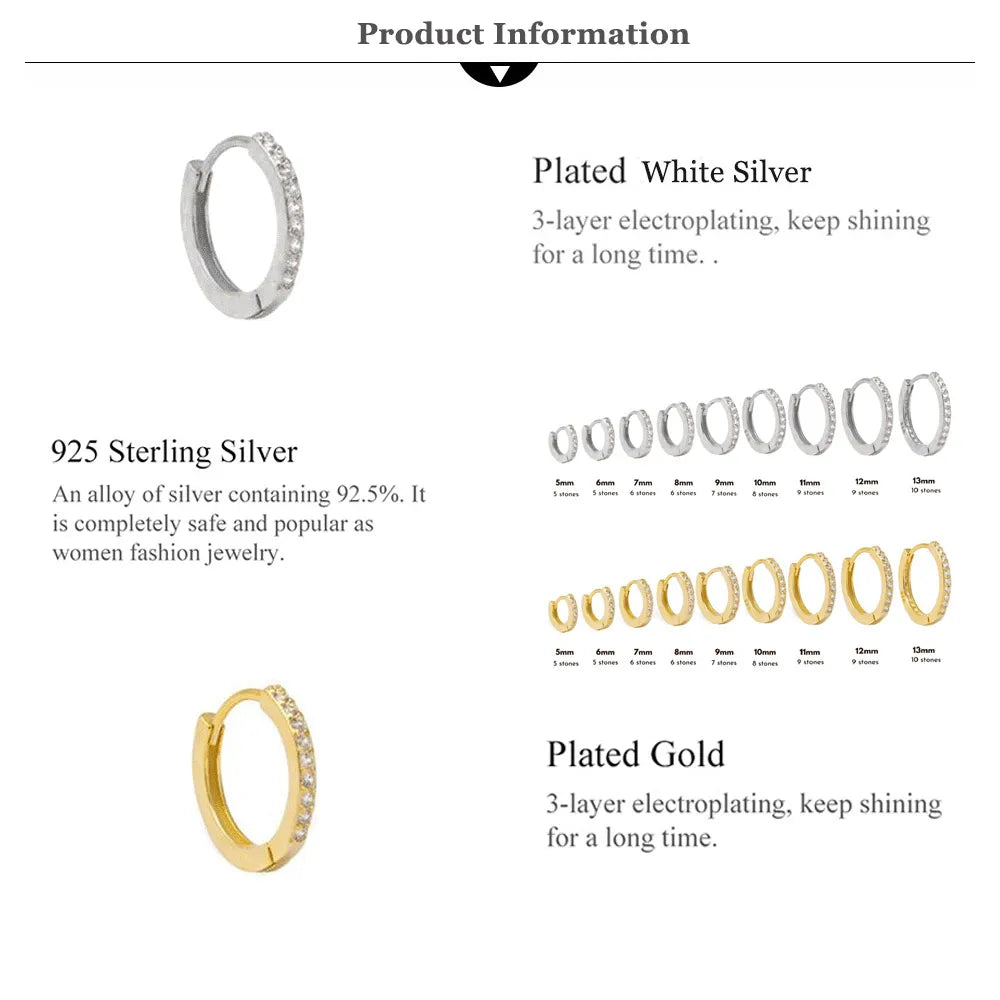 925 Sterling Silver Gold Zircon CZ 5mm 6mm 7mm 8mm To 13mm Huggies Hoops Piercing Pendiente Clips Luxury Fine Jewelry