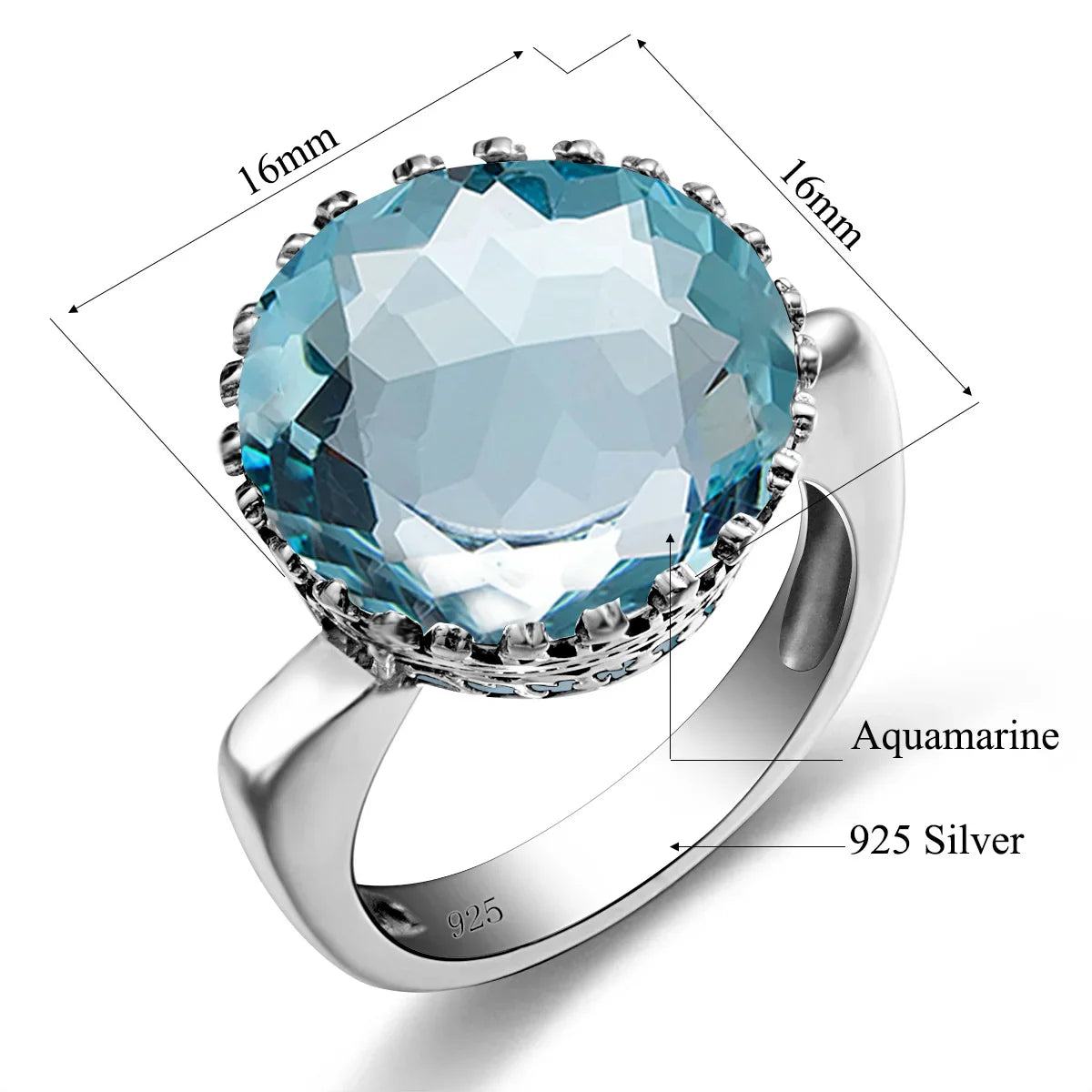 Vintage 100% 925 Sterling Silver 15ct Round Created Aquamarine Ring For Women Famous Branded Handmade Fine Jewelery 2024