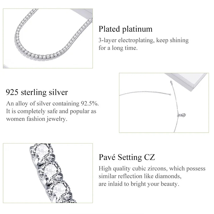 925 Sterling Silver Women's Magnificent Round Cubic Zirconia Tennis Choker Glittering Clavicle Chain Necklace
