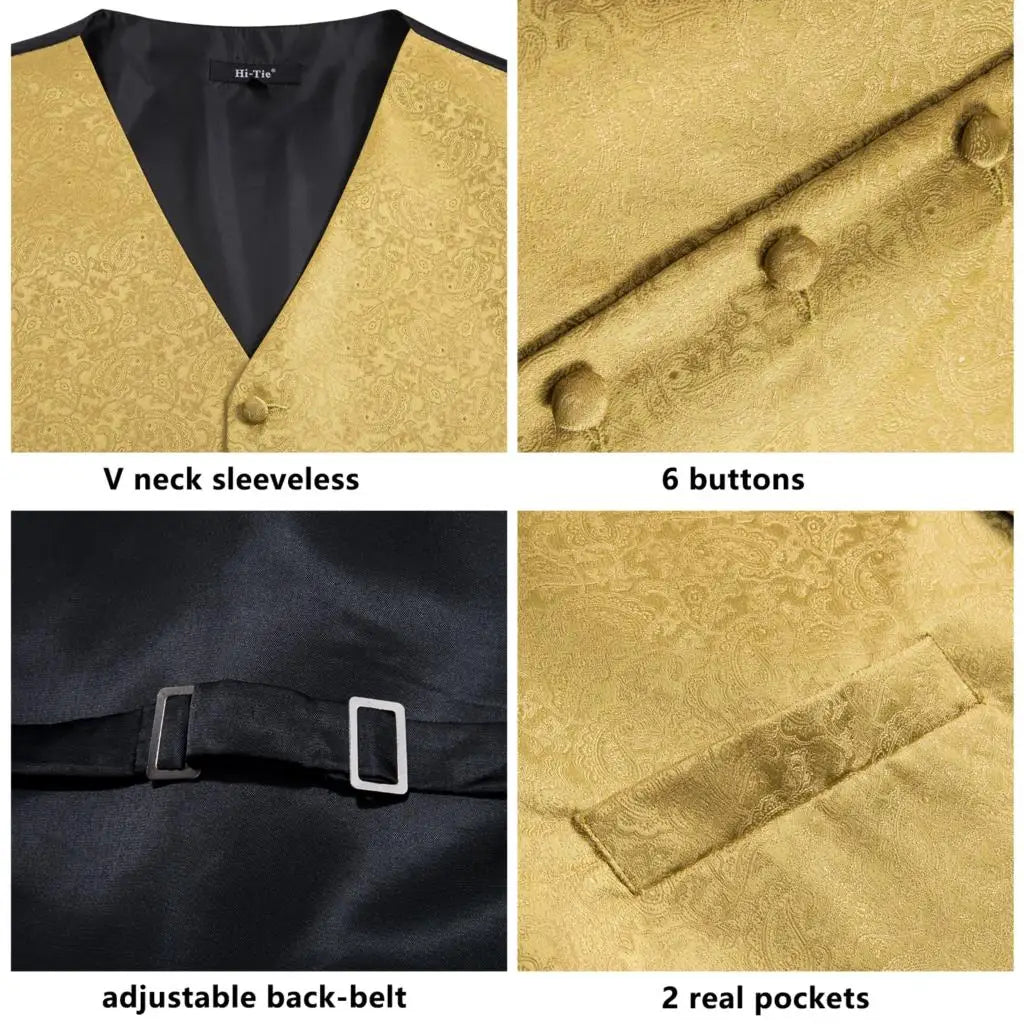 Fashion Silk Vest For Men Classic Gold Champane Yellow Waistcoat Jacket Tie Hankerchief Cufflinks Sets Dress Suit Wedding Hi-Tie