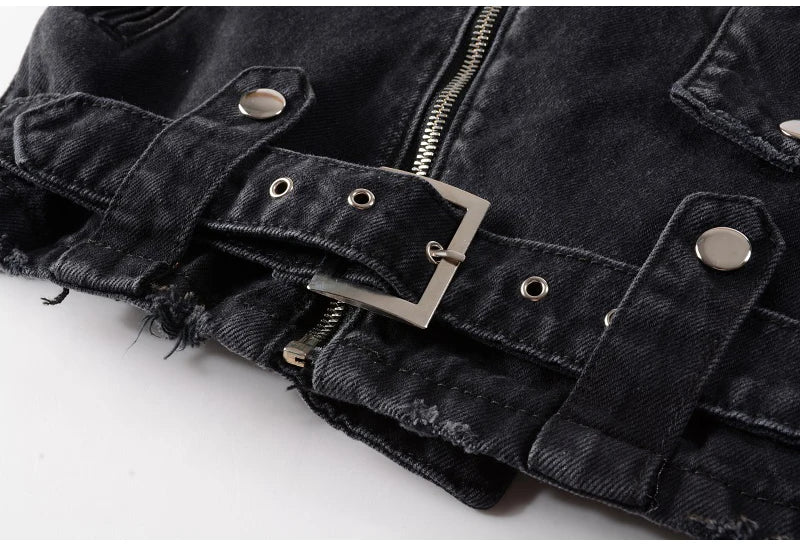 Men's Zippers Black Biker Jean Jacket Streetwear Thick Denim Slim Coat with Belt High Quality