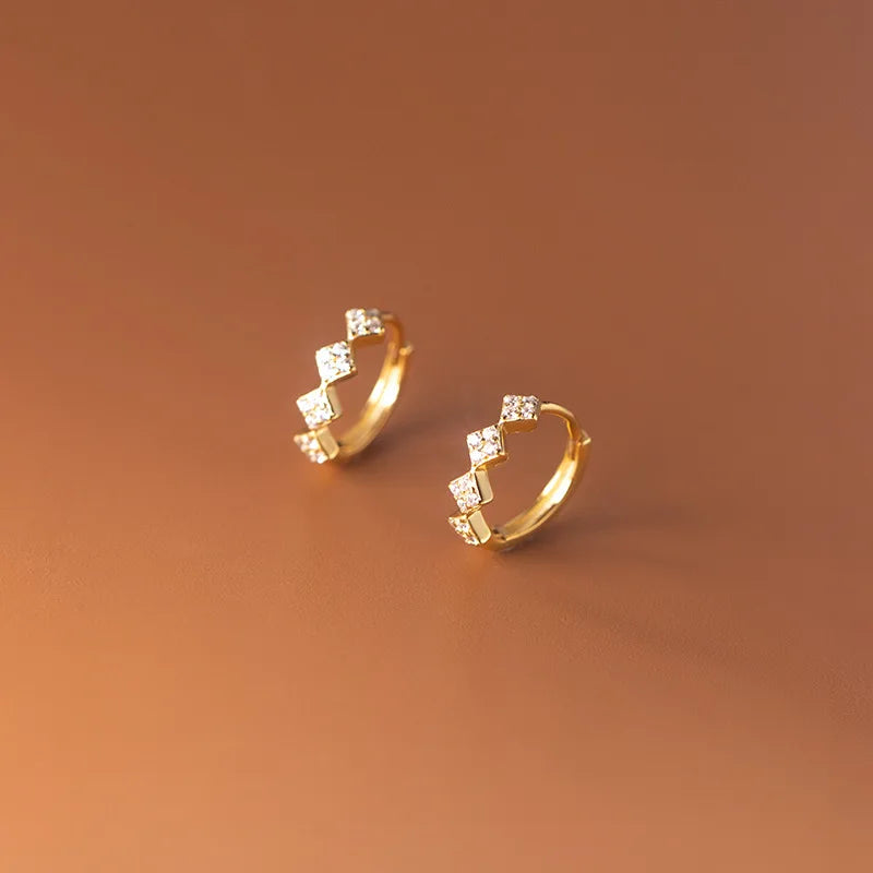 925 Sterling Silver Geometric Diamond Pavé CZ Zircon Charm Hoop Earrings for Women Fine French Huggies Piercing Jewelry