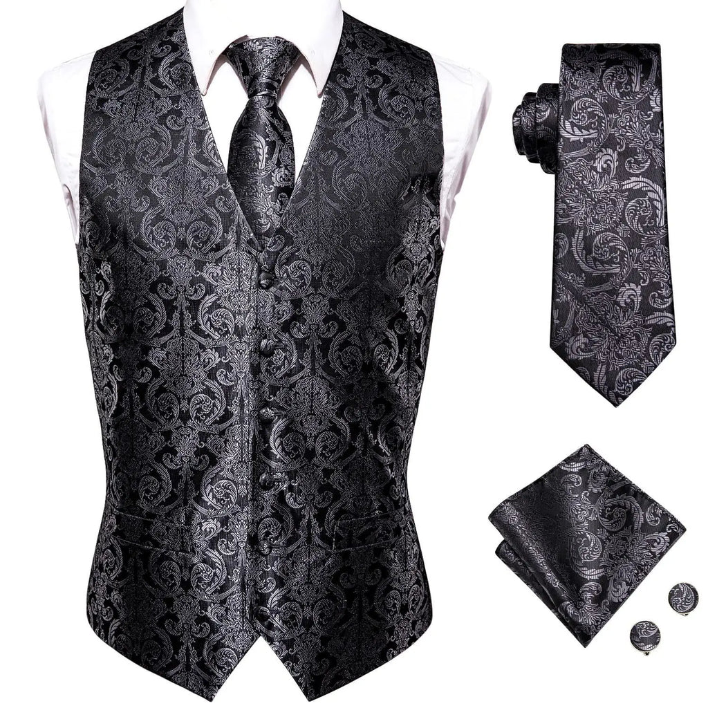 Luxury Mens Vests Black Gold Floral Jacquard Waistcoat Tie Hanky Cufflinks Brooch Set for Men Suit Wedding Office XL