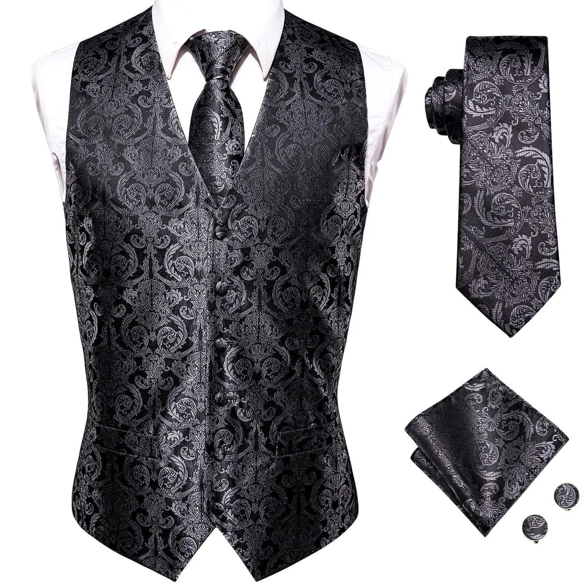 Luxury Mens Vests Black Gold Floral Jacquard Waistcoat Tie Hanky Cufflinks Brooch Set for Men Suit Wedding Office XL