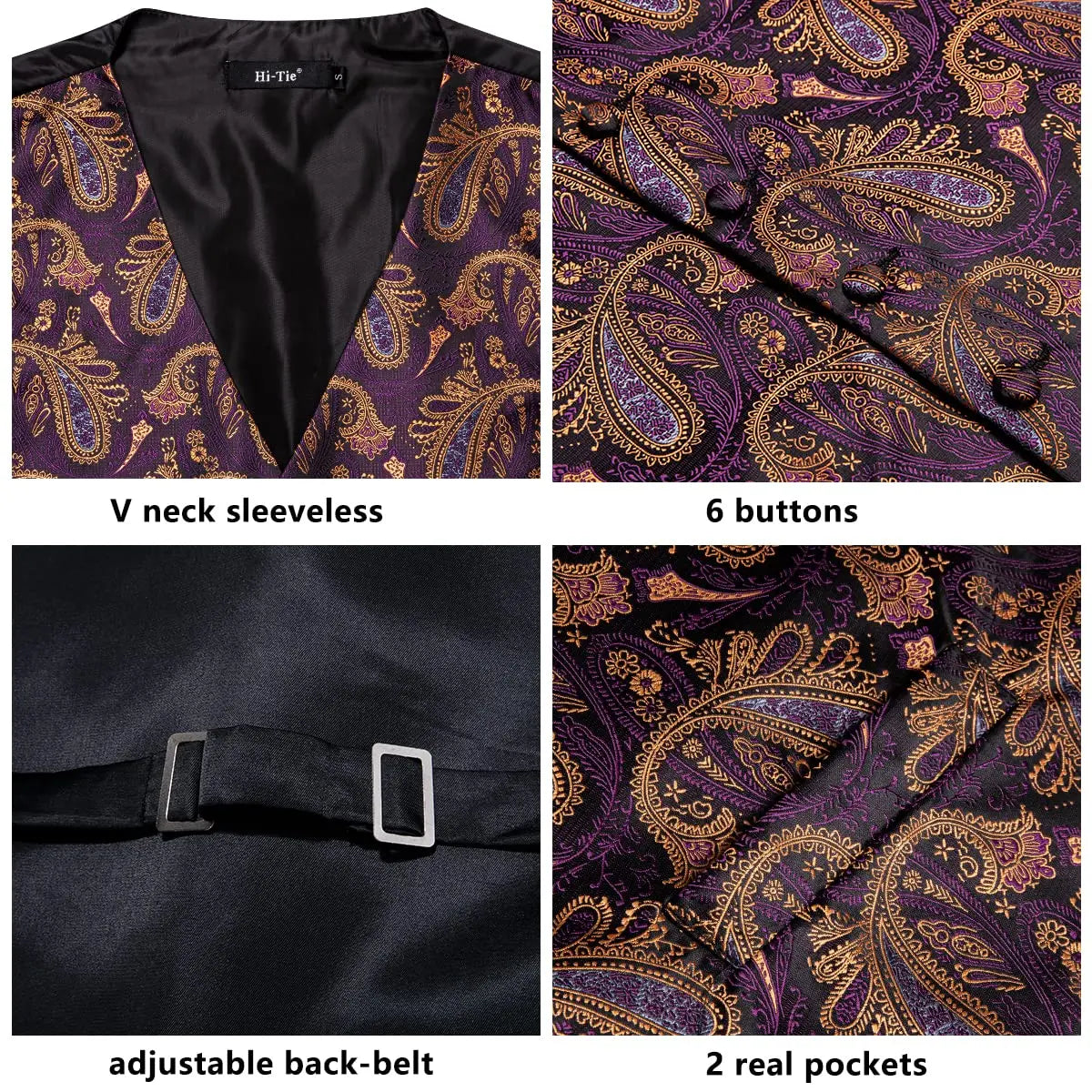 Luxury Mens Vests Black Gold Floral Jacquard Waistcoat Tie Hanky Cufflinks Brooch Set for Men Suit Wedding Office XL