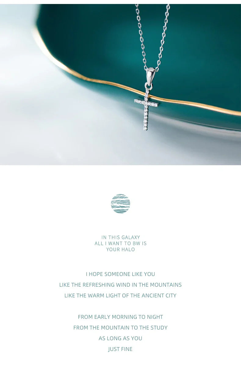 Dazzling Zircon Luxury Cross Pendant Necklace Real 925 Sterling Silver for Women Link Chain Necklace Fashion Jewelry