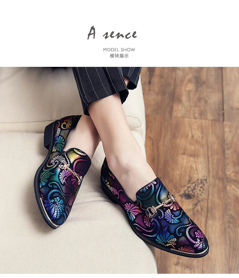 New Men Dress Leather Shoes For Men Luxury British Gold Blue National Pattern Oxfords Classic Gentleman Wedding Prom Shoes