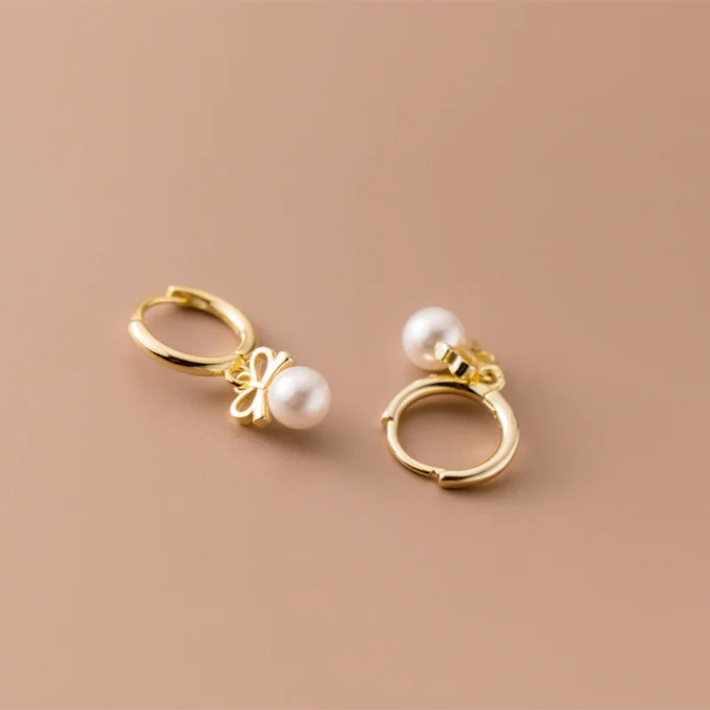925 Sterling Silver Cute Butterfly Synthetic Pearl Pendant Drop Earrings Fashion Charm Gold Plated Huggies Jewelry Women