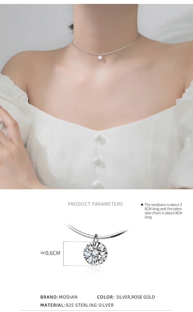 Pure 925 Sterling Silver Dazzling AAA Zircon Round Pendant Necklace for Women Fashion Choker Necklace Fine Jewelry
