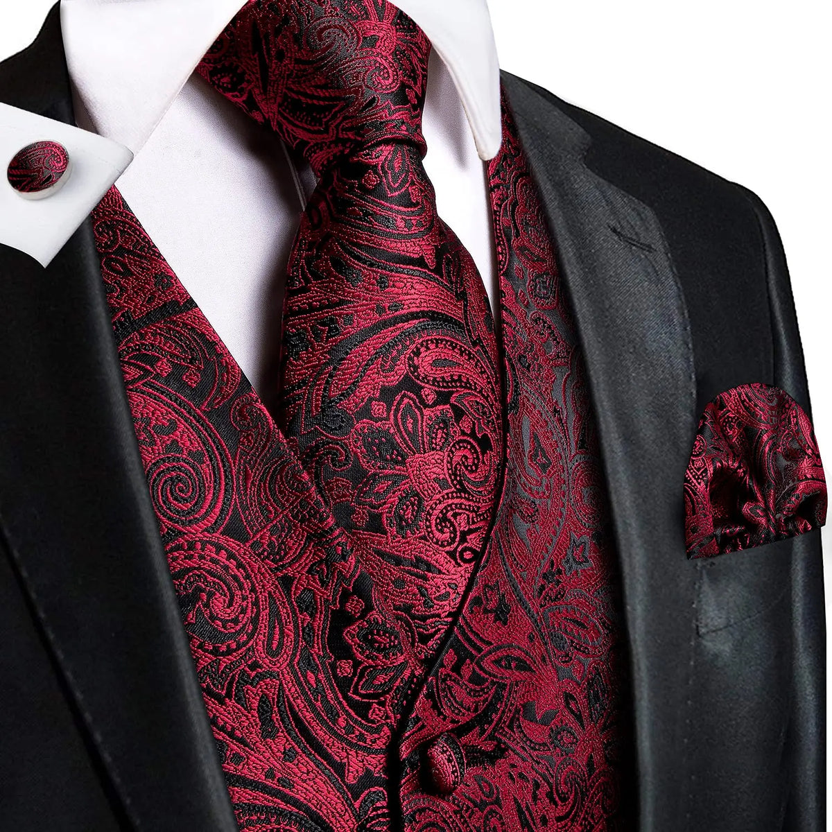 Luxury Mens Vests Black Gold Floral Jacquard Waistcoat Tie Hanky Cufflinks Brooch Set for Men Suit Wedding Office XL