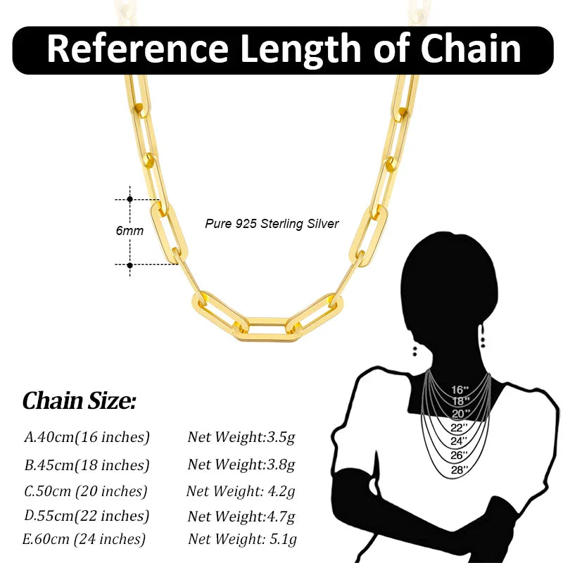 14K Gold Plated Genuine 925 Sterling Silver Paperclip Neck Chain 6/9.3/12mm Link Necklace for Women Men Jewelry SC39