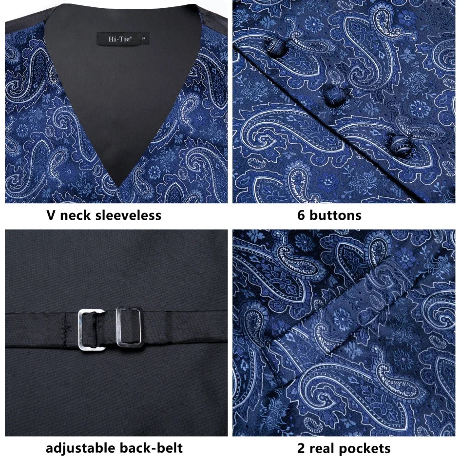 Fashion Silk Vest For Men Classic Gold Champane Yellow Waistcoat Jacket Tie Hankerchief Cufflinks Sets Dress Suit Wedding Hi-Tie