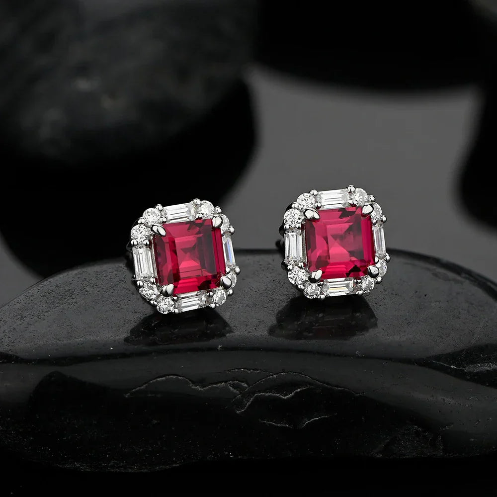 Original Design 6*6mm Asscher High Carbon Diamond Stud Eearrings for Women 2021 Jewelry 925 Sterling Silver Ruby Earrings Gift
