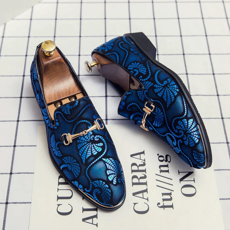 New Men Dress Leather Shoes For Men Luxury British Gold Blue National Pattern Oxfords Classic Gentleman Wedding Prom Shoes