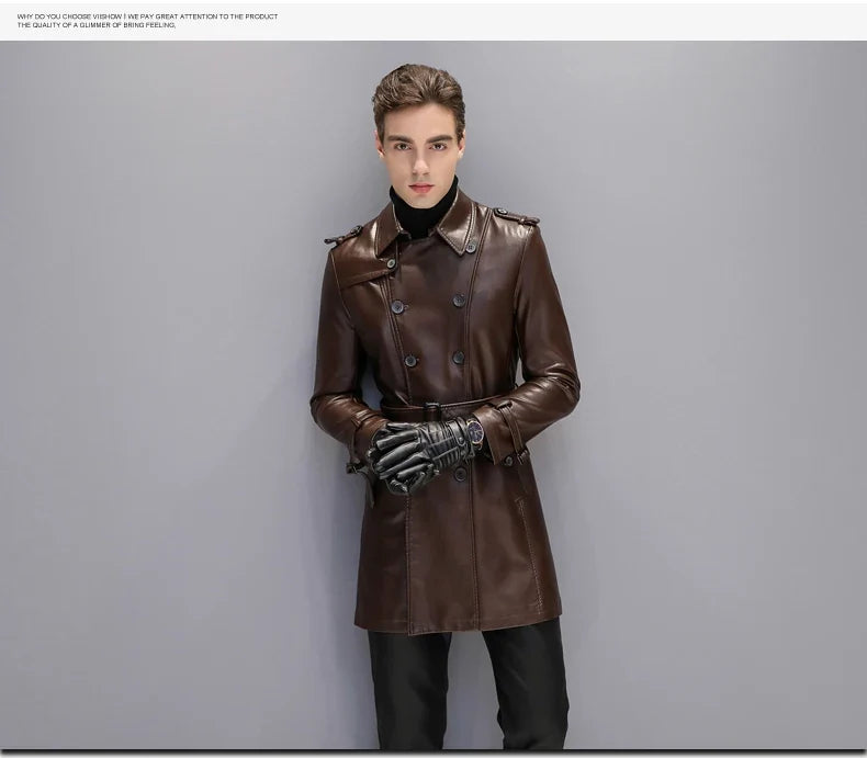 Autumn Black Faux Leather Trench Coat Men Long Sleeve Belt Double Breasted Brown Plus Size Men Clothing 2022 4xl 5xl