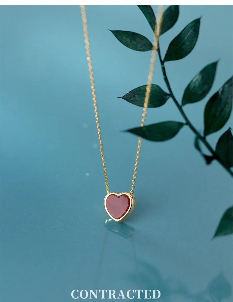 New Arrive 925 Sterling Silver Red Lovely Hearts Pendant Necklace for Women Gold Color Necklace Fine Jewelry Accessories