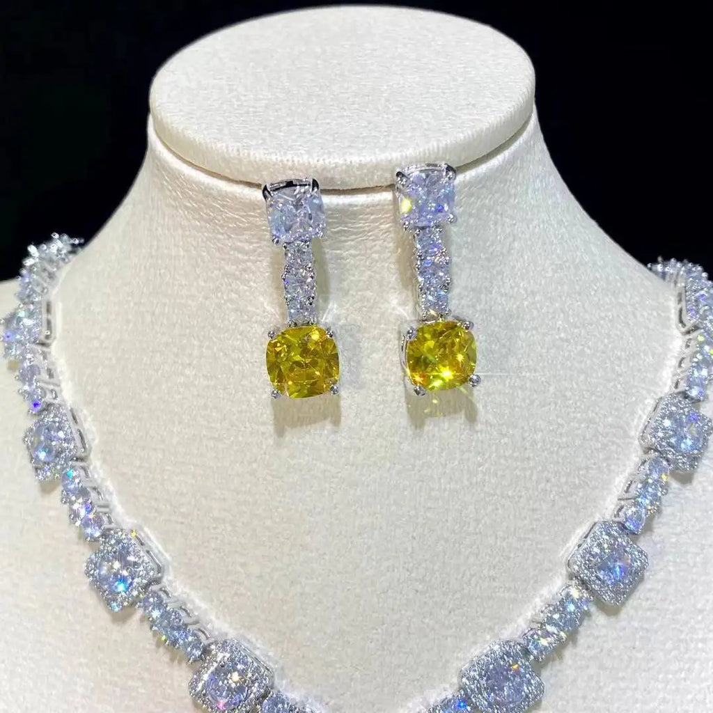 Square Bright Yellow and Green Color Drop Earrings Necklace For Women Jewelry Set  Bridal Wedding Accessories  X0185