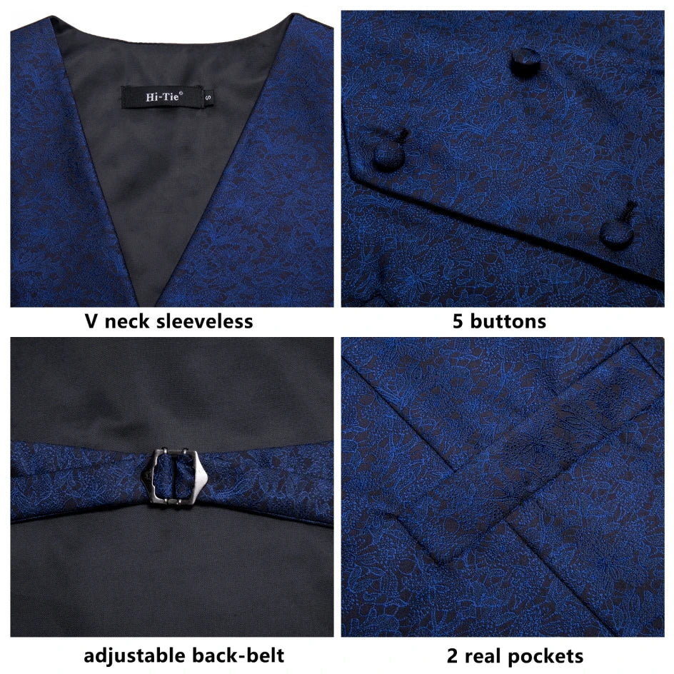 Silk Men's Vests and Tie Business Formal Dresses Slim Vest 4PC Necktie Hanky cufflinks for Suit Blue Paisley Floral Waistcoat