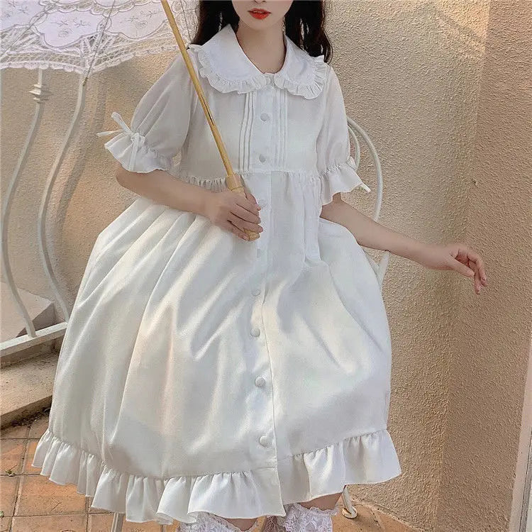 Japanese Sweet Girl Lolita Dress White 2021 Summer Kawaii Peter Pan Collar Cute Ruffle Puff Sleeve Drees Elegant Lady Dresses