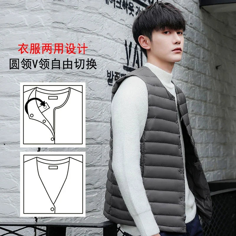 Men Down Vest Ultra Light Down Vest Portable V-neck Sleeveless Coat Man Winter Without Collar Warm Liner