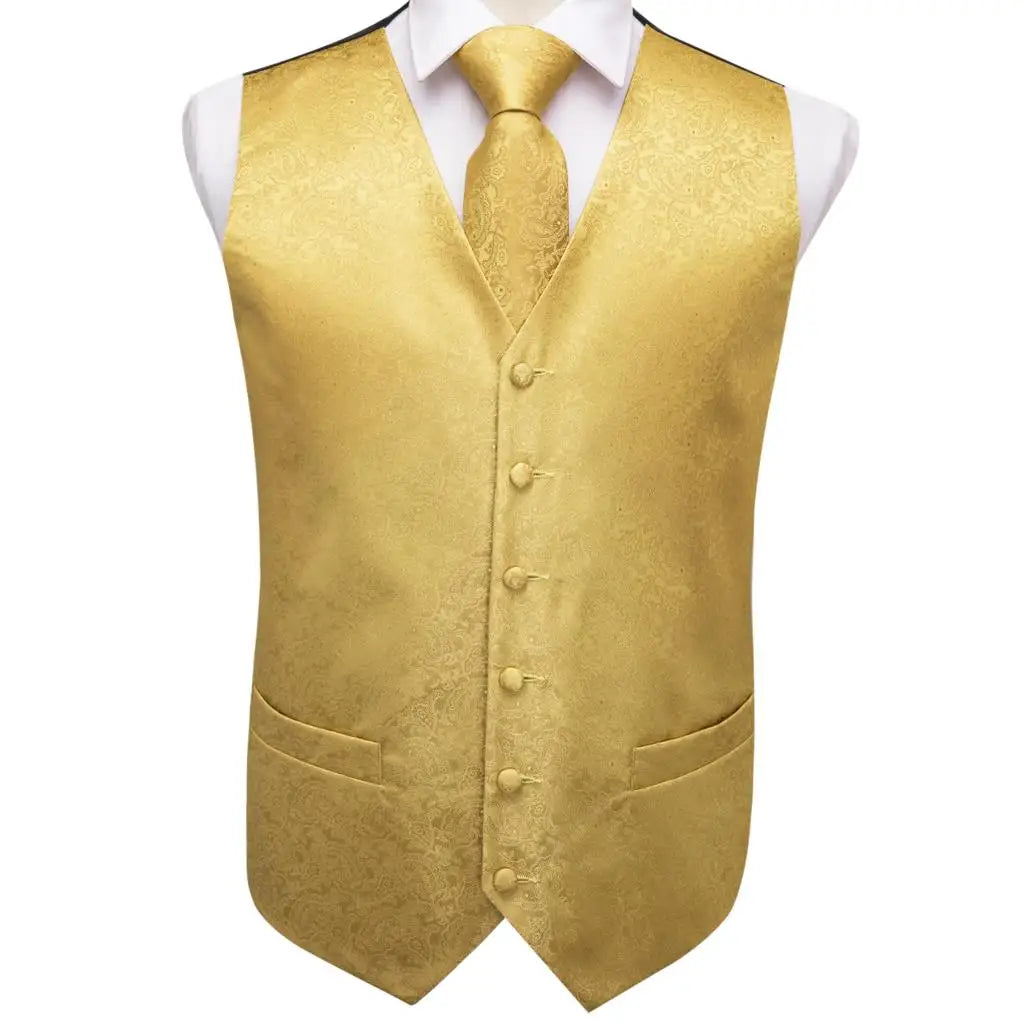 Fashion Silk Vest For Men Classic Gold Champane Yellow Waistcoat Jacket Tie Hankerchief Cufflinks Sets Dress Suit Wedding Hi-Tie
