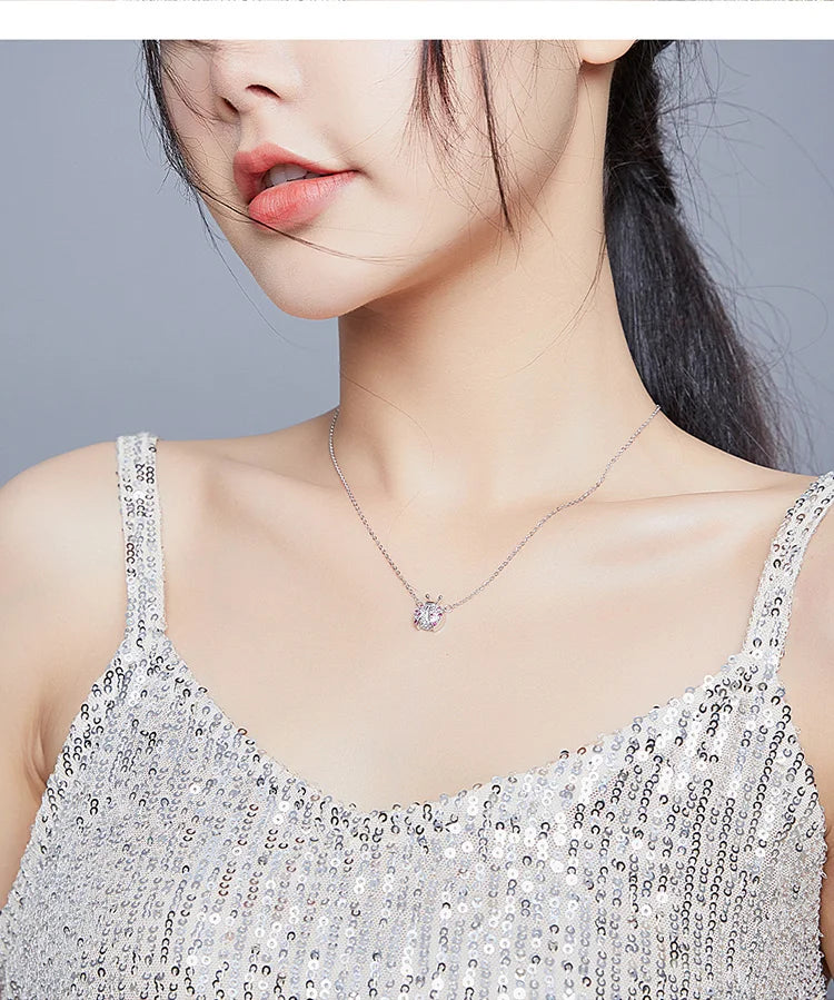 Genuine 925 Sterling Silver Pink CZ Ladybug Insect Chain Pendant Necklace for Women 45cm Kid Gifts Fine Jewelry SCN400