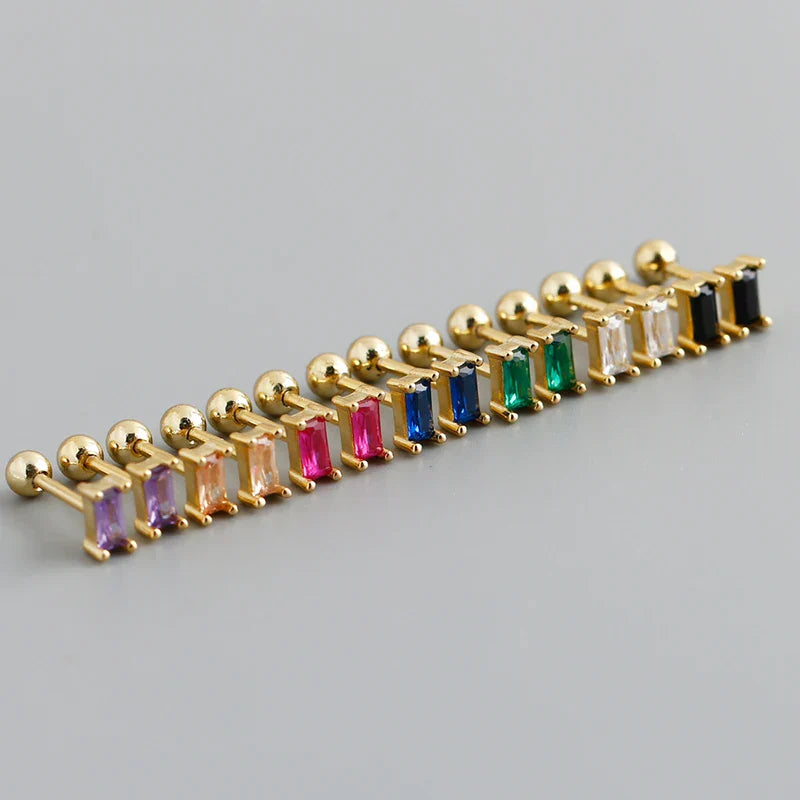 925 Sterling Silver Colorful Square Shiny Zircon Beads Piercing Stud Earrings for Women Fashion Gothic Exquisite Jewelry