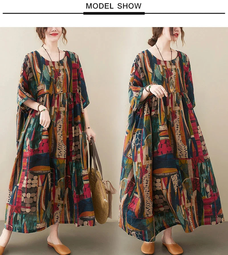 Short Sleeve Cotton Linen Vintage Print Summer Long Dresses For Women 2026 Casual Loose Holiday Ladies Dress Elegant Clothes
