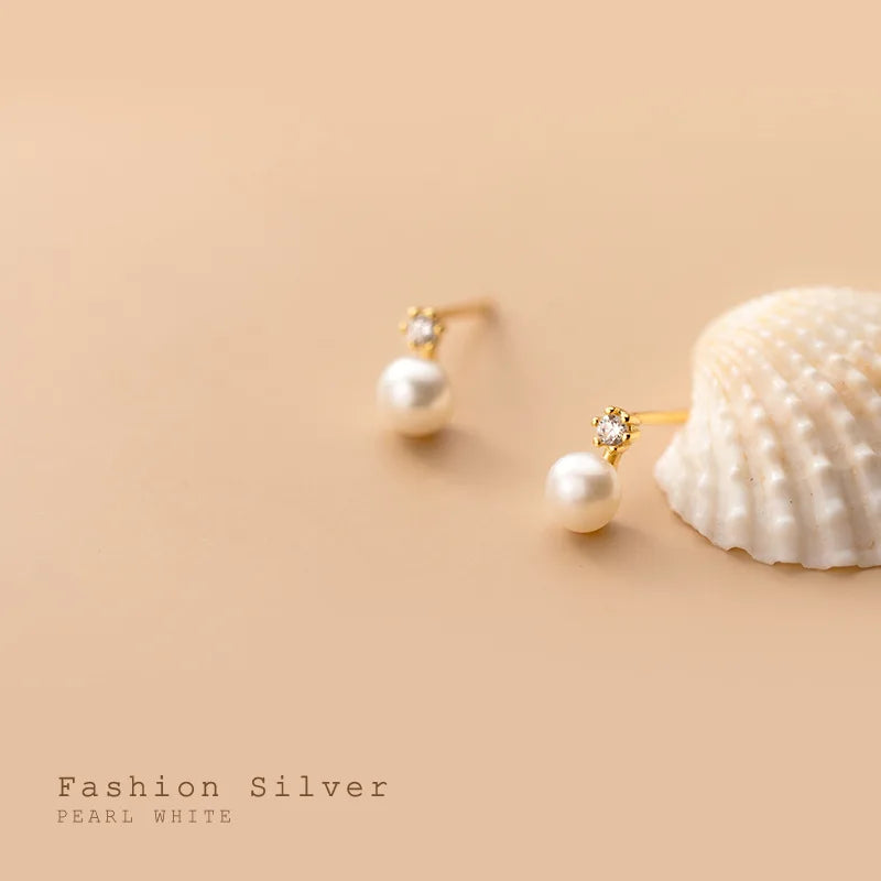 Genuine 925 Sterling Silver Geometric Zircon Pearl Mini Small Stud Earrings for Women Chic Charming Korean Jewelry 2021