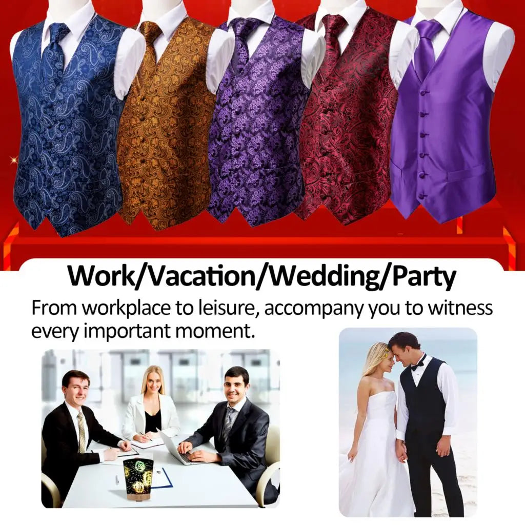 Fashion Silk Vest For Men Classic Gold Champane Yellow Waistcoat Jacket Tie Hankerchief Cufflinks Sets Dress Suit Wedding Hi-Tie