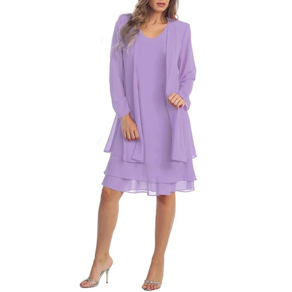 2 Pieces Chiffon Dress Set Women Casual Long Sleeve Solid Cardigan Dress Elegant Wedding Evening Party Dresses Clothing Vestidos
