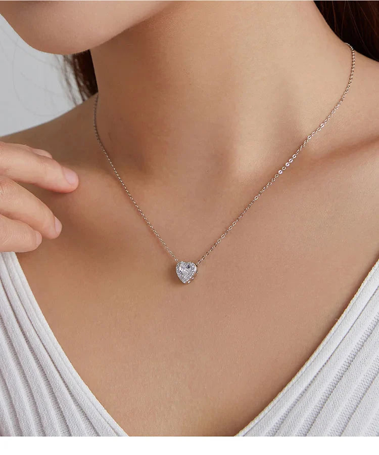 925 Sterling Silver Bright Love Necklace Chain Dazzling Shiny Heart Shape Crystal Charm Wedding Engagement Jewelry SCN455