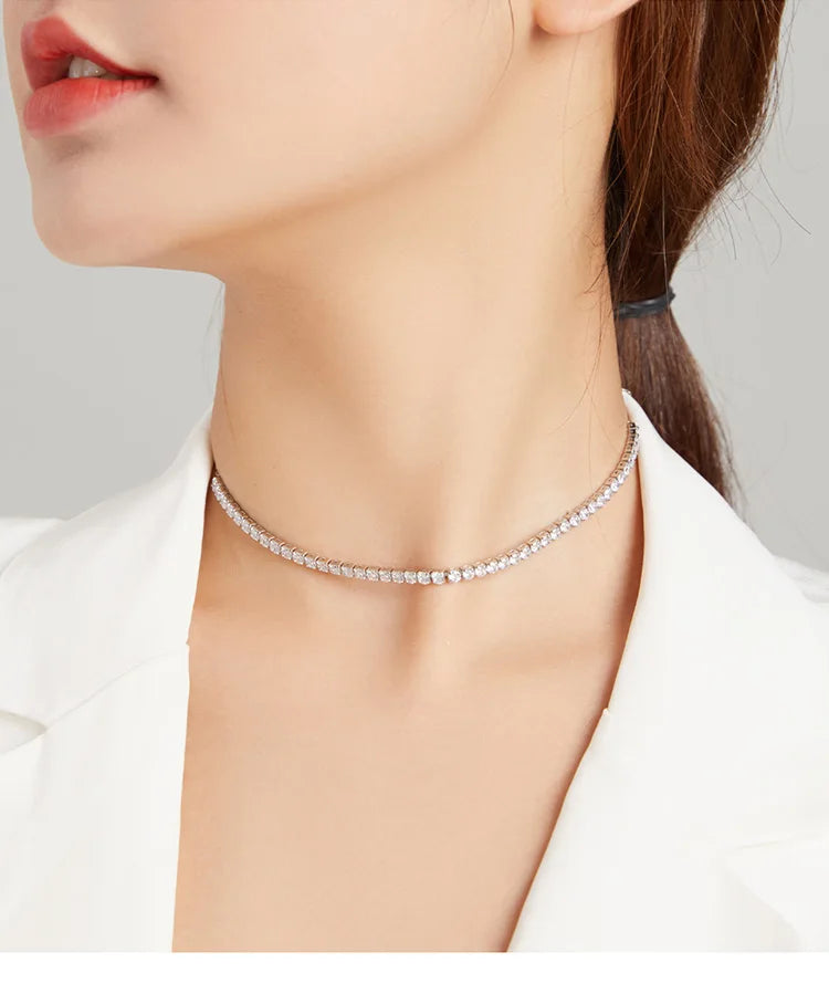 925 Sterling Silver Women's Magnificent Round Cubic Zirconia Tennis Choker Glittering Clavicle Chain Necklace