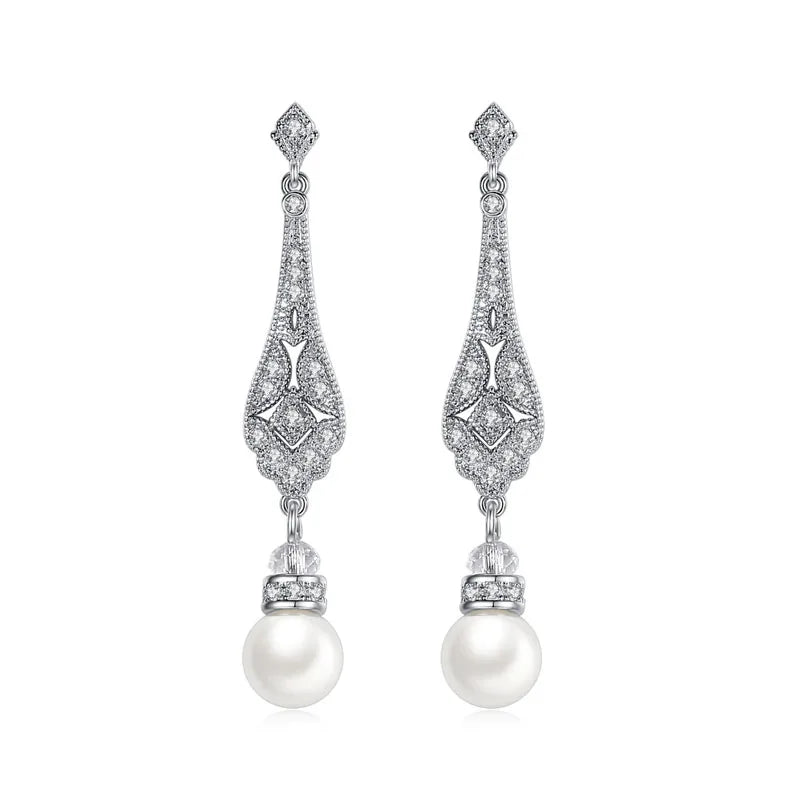 Pave Setting Fashion CZ Crystal Pearl Women Girls Earring AAA Grade Cubic Zircon Earring Bridal Wedding Dangle Earring