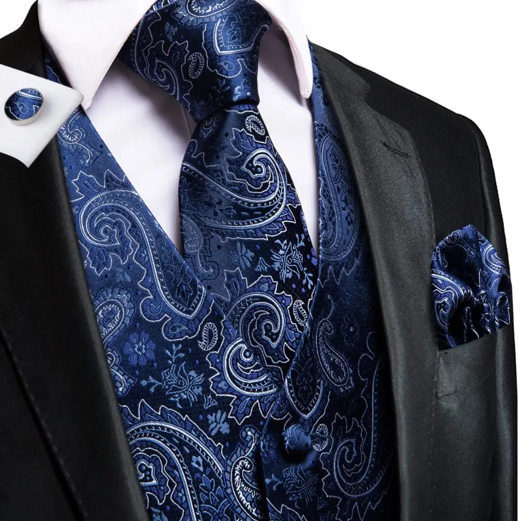 Fashion Silk Vest For Men Classic Gold Champane Yellow Waistcoat Jacket Tie Hankerchief Cufflinks Sets Dress Suit Wedding Hi-Tie